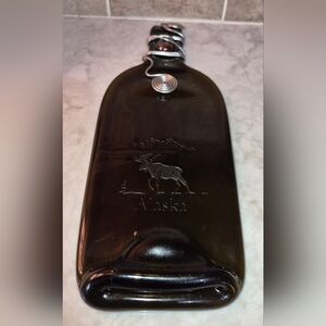 Maine Flattened Glass Bottle, Spoon Rest, Maine & Moose Engraved On Front